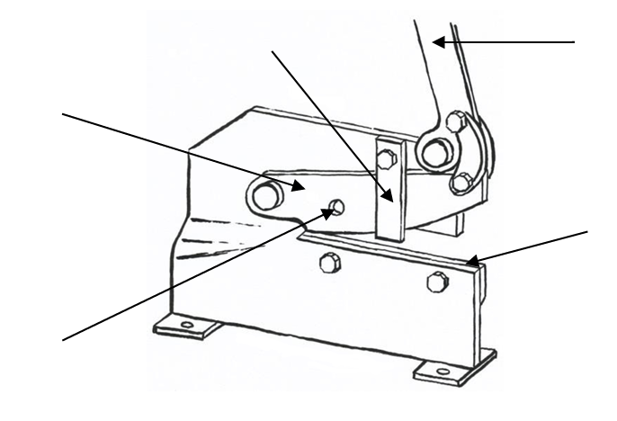Skizze eines Hebelmechanismus auf Sockel mit Bolzen und Pfeilen.
